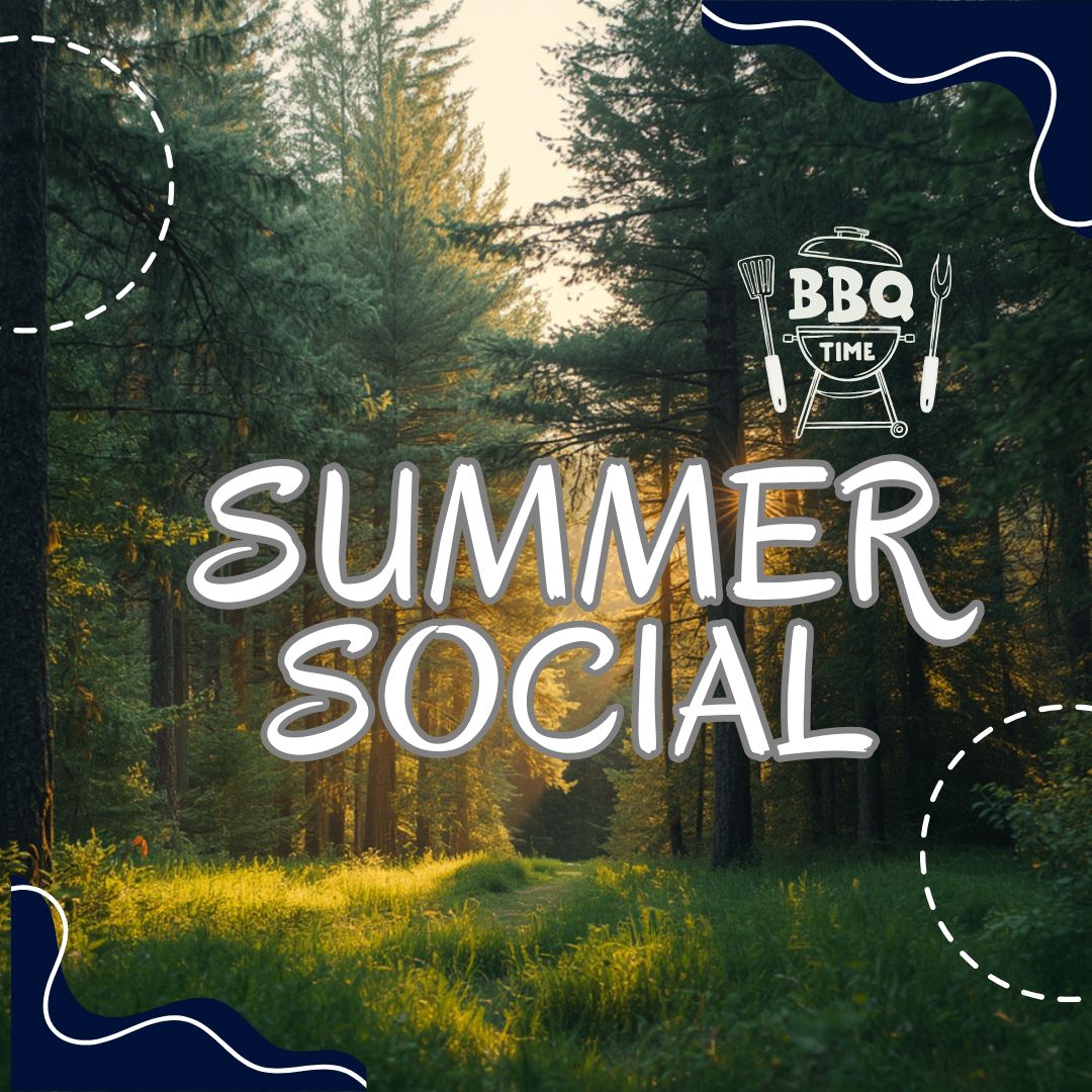 Promotional graphic for the Beacon Church Summer Social BBQ at High Lodge, Thetford Forest, inviting people from Bury St Edmunds and Suffolk to enjoy community, food, and fun together.